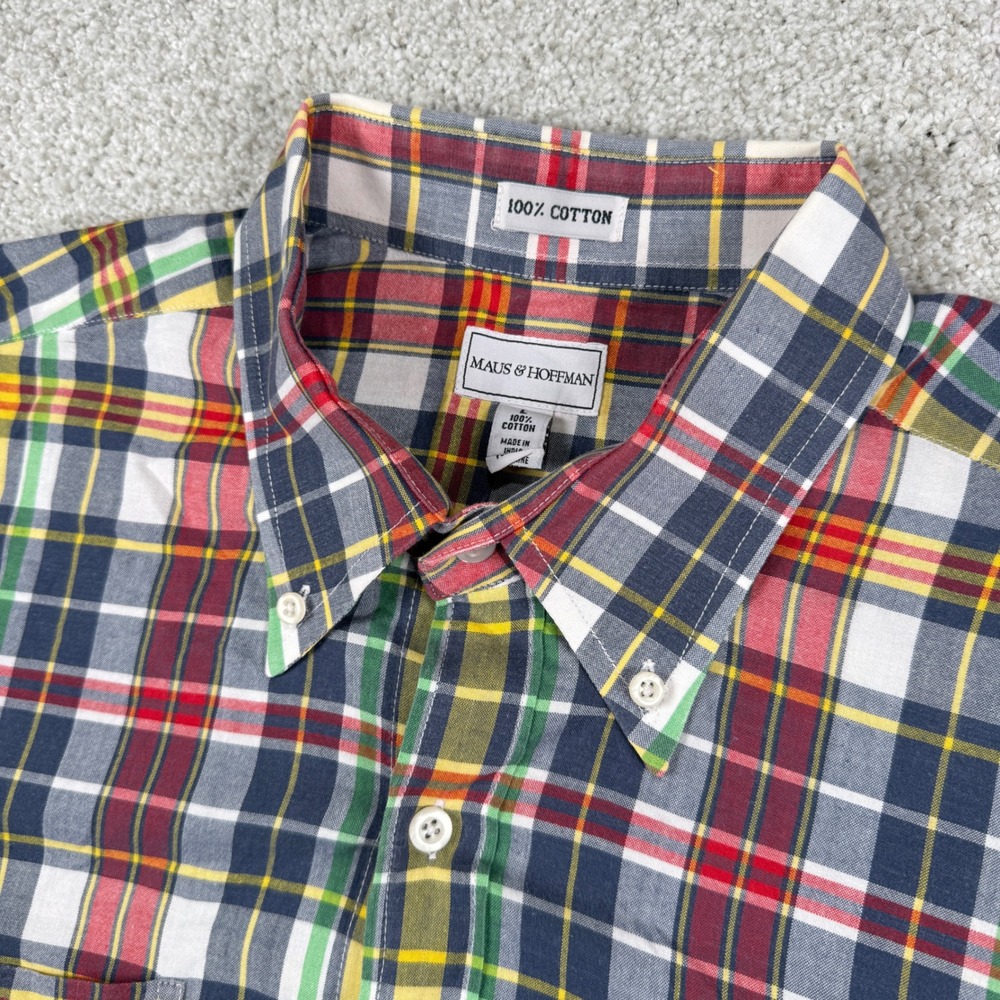 Maus & Hoffman Button Down Shirt Mens Large Multicolor Plaid Short Sleeve Cotton